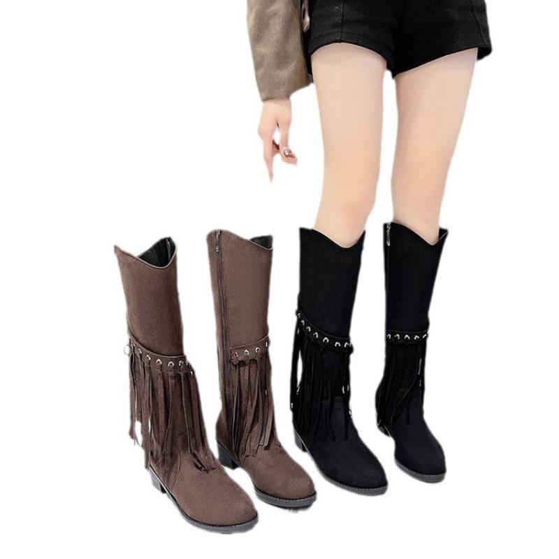 Autumn and Winter New Versatile Trend High Tube Suede Fringed Boots Women's Boots Women's Outer Wear Thick Heel Soft Sole