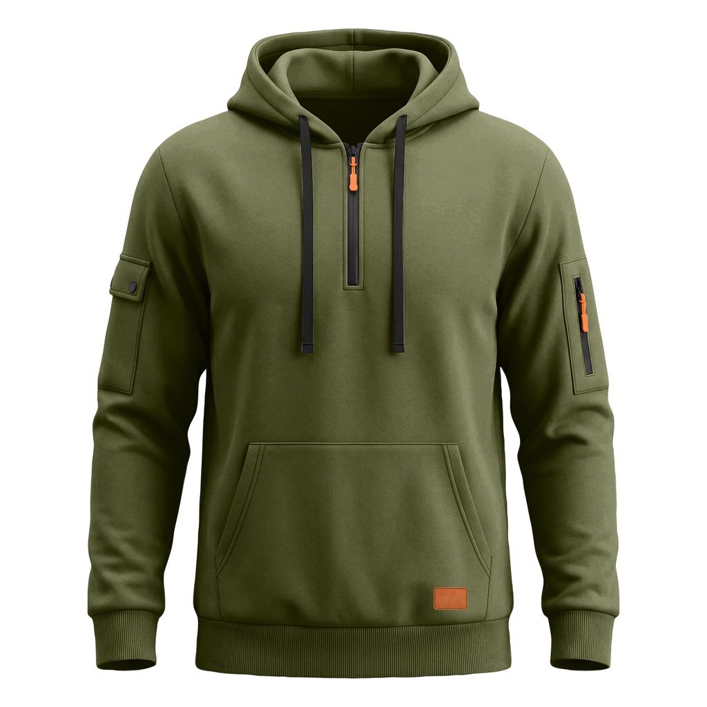 Men's Color Hooded Sweatshirt with Leather Patch and Pockets, Comfortable Casual Everyday Pullover