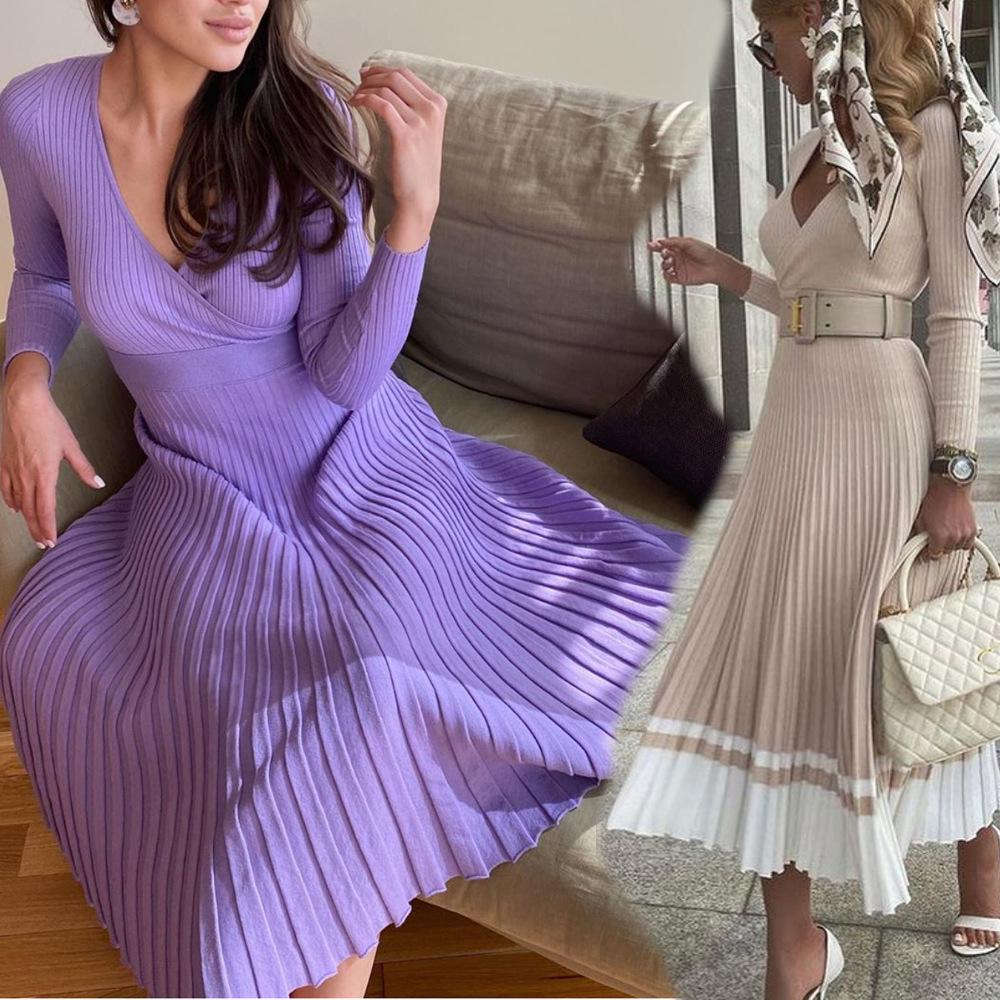 Women's V-Neck Ribbed Long Sleeve Knit Dress with Pleated Hem in Lavender and Beige