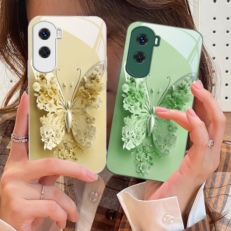 Green Flower Butterfly For Honor 30 50 50SE 70 Pro 90 200 200Pro Magic 4 5 7 Lite X9c Smart X50i Plus X9 X30 Glass Phone Case