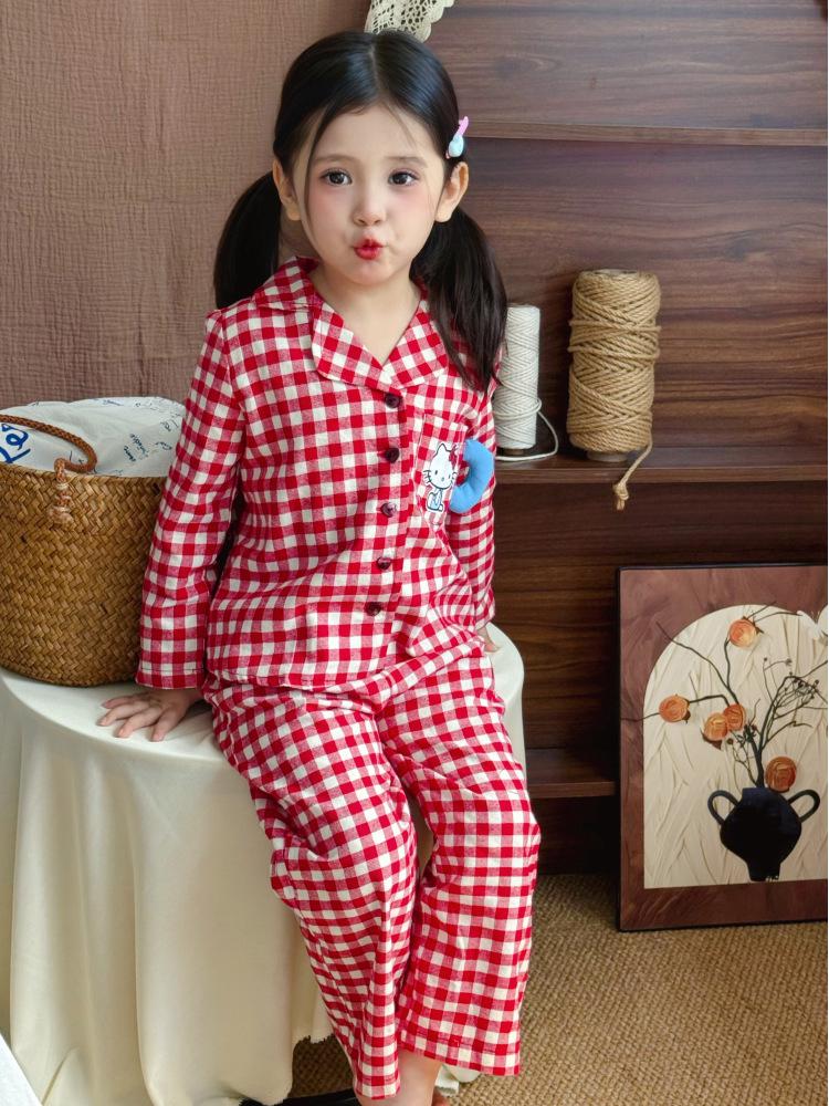 Korean Style Plaid Cat Kids Pajama Set for Girls - Spring/Autumn Wear