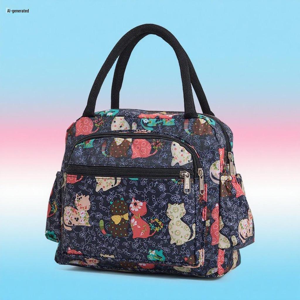 Floral Multi-Zipper Lunch Handbag: Oxford Cloth Mommy Bag with Mobile Pocket