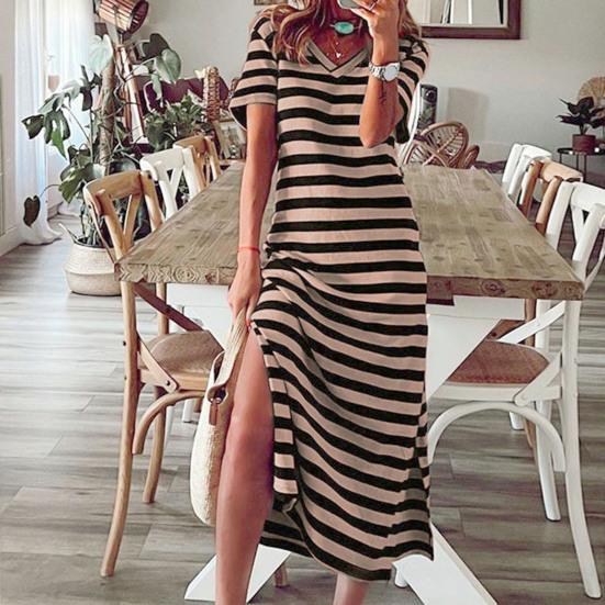 Ženy Letní Midi šaty Boční dělený výstřih do V Krátké rukávy Délka do poloviny lýtek Barevně ladící Slim Fit šaty Dámské oblečení