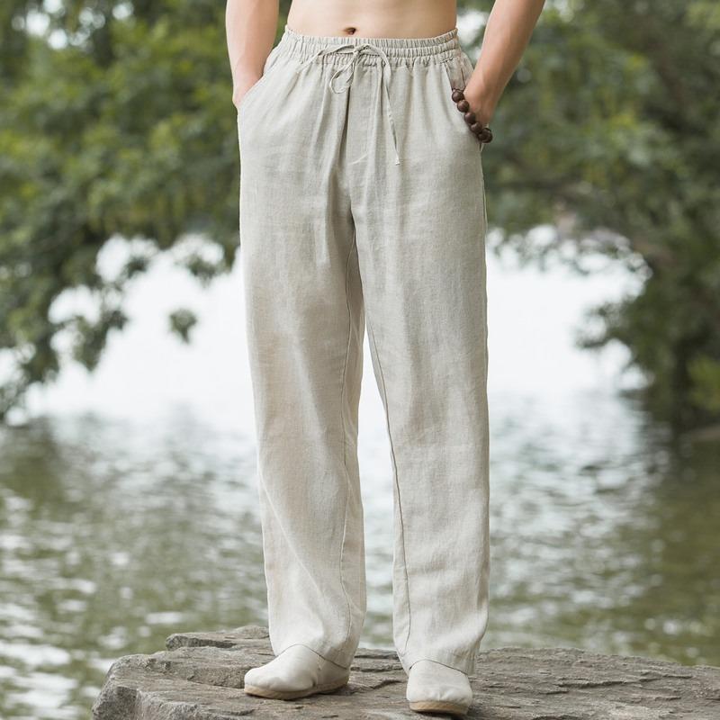 Linen pants men's summer thin breathable new middle-aged and young cotton and linen wide-leg casual trousers large size