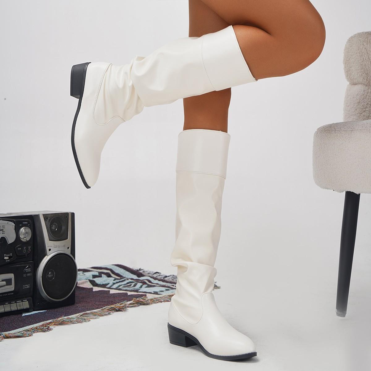 

Europe, America 2025 autumn and winter new long boots square heel pleated women s high boots foreign trade large size bow knight boots women 43 білий