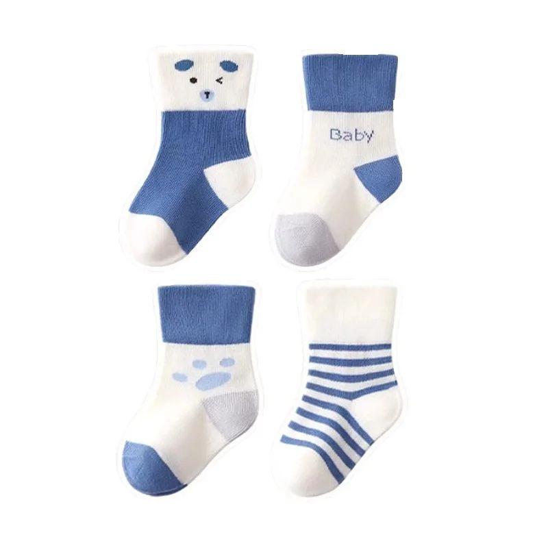 

4 пары хлопковых носков для малышей, весна-осень, носки для новорожденных, синий медведь, милые однотонные полосатые детские спортивные носки, мода 0-5 лет 2-5 year(13-17 cm)