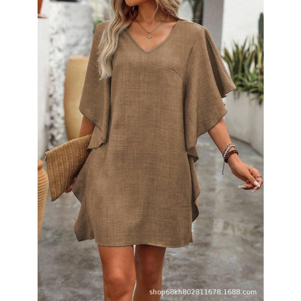 BITCED Fashion Summer Spring Solid Color Print Short Sleeve V-Neck Casual Dresses