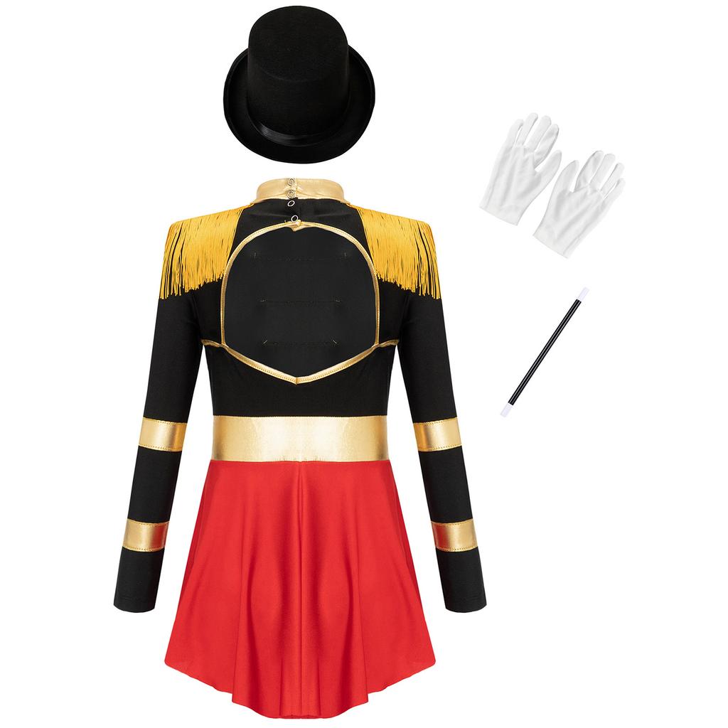 4Pcs Kids Girls Circus Magician Costume Complete Set: Long Sleeve Jumpsuit with Keyhole Back, Top Hat, Gloves & Wand for Halloween Show
