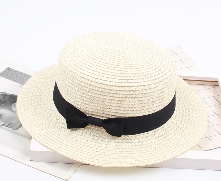Women Fashion Straw Hat  Retro Bowknot Flat Top Hat Sunshade Beach Hat Summer