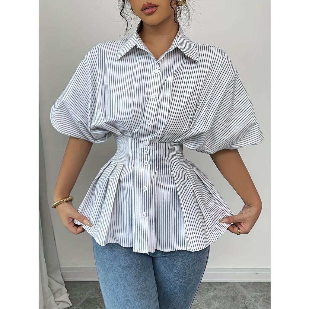 Spring Summer Women's Fashion Striped Shirt Casual Versatile Blouse Top European American Cross-Border