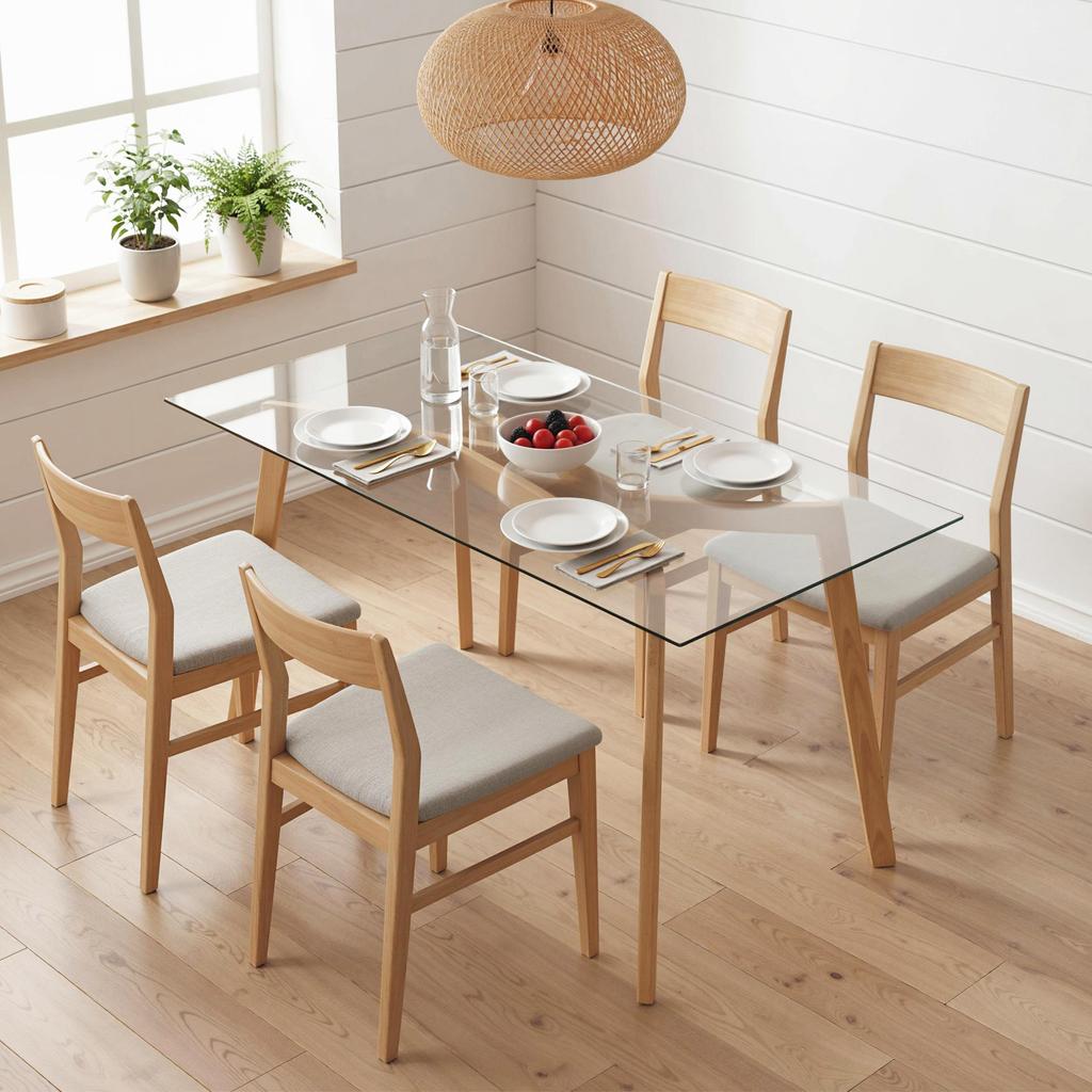 4-person dining table, 120x60x76cm, kitchen table, tempered glass top and steel legs, transparent