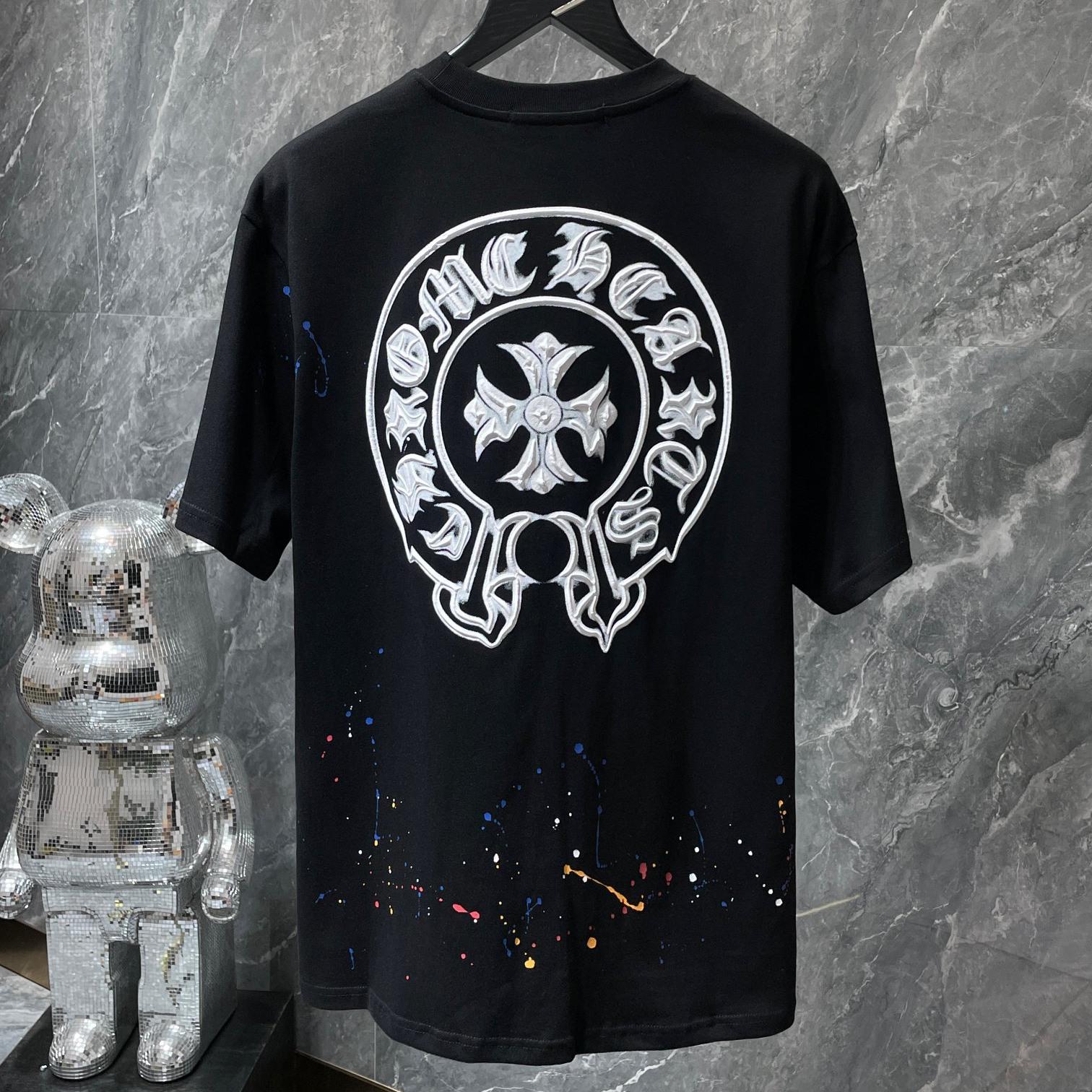 

8738 CHROME HEARTS 2025 Літня нова високоякісна бавовняна кругла горловина Вільна чоловіча та жіноча футболка великого розміру Парна футболка XL чорний