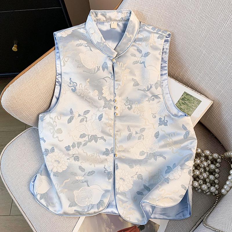 

Женский ретро жилет с жаккардовым узором и китайскими застежками-лягушками, 2025 S светло-синий