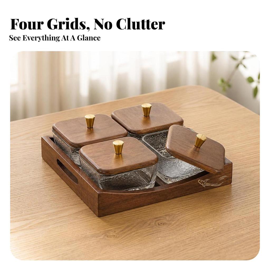 Getrennte Vorspeisenplatte mit Schalen | Walnuss, Holz Snack Tablett Glas