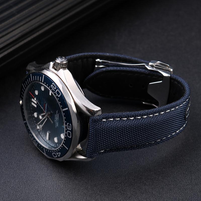 Blue nylon leather strap For Omega New Seamaster 300 Super Master AT150 Fabric Leather AQUA TERRA men's strap 19mm 20mm