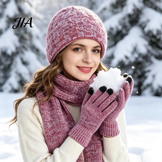 Unisex Stretchy Knit Hat Winter Scarf Gloves Set for Women, Warm Knitted Hat, Touch Holiday Gift Friends And Family Screen Gloves, 71 Inch Scarf, Cozy