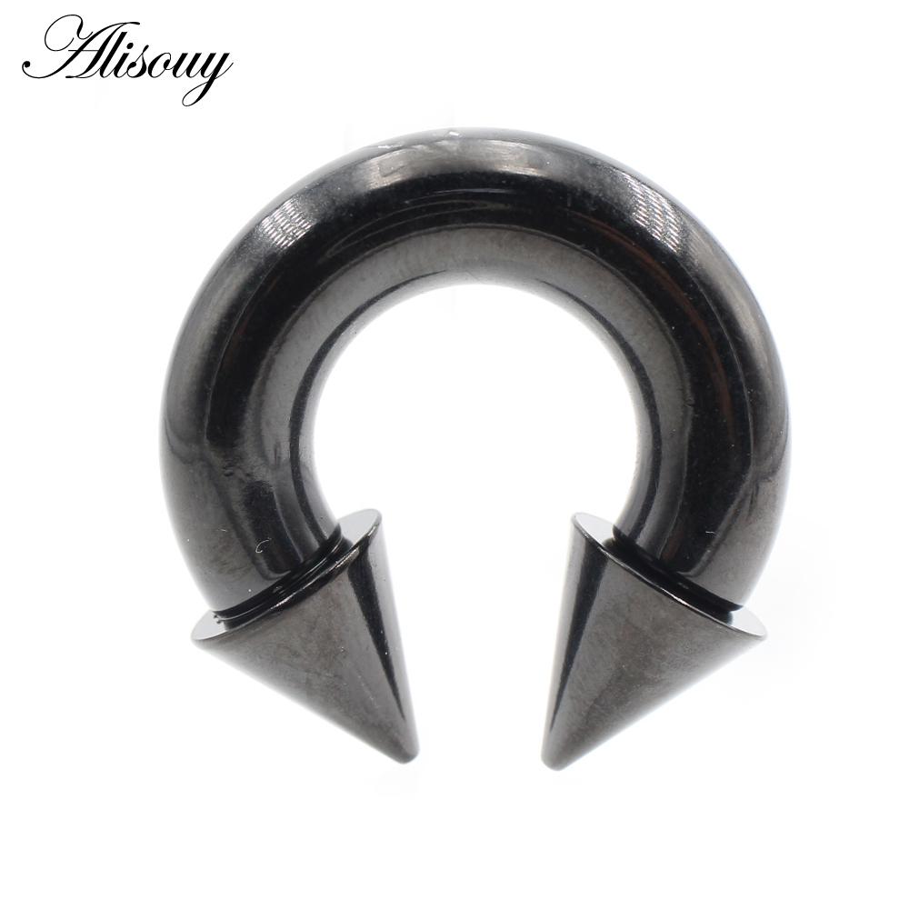 Alisouy 1 Stück Nasenring mit Hufeisen-Spikes, Edelstahlkegel, großes Piercing, Septum-Ohr-Expander-Stecker mit Innengewinde, Schwarz