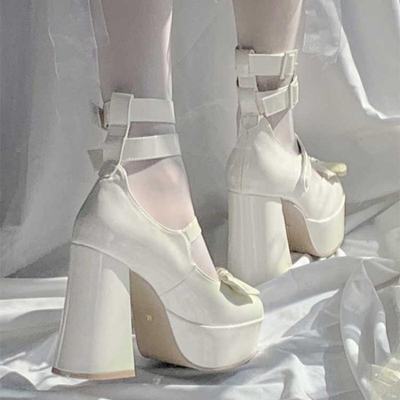 

Женские массивные туфли-одинарки Весна Новые Круглый носок Открытый верх Бант-бабочка А-силуэт Пряжка Водонепроницаемая платформа Высокий каблук 39 грязно-белый