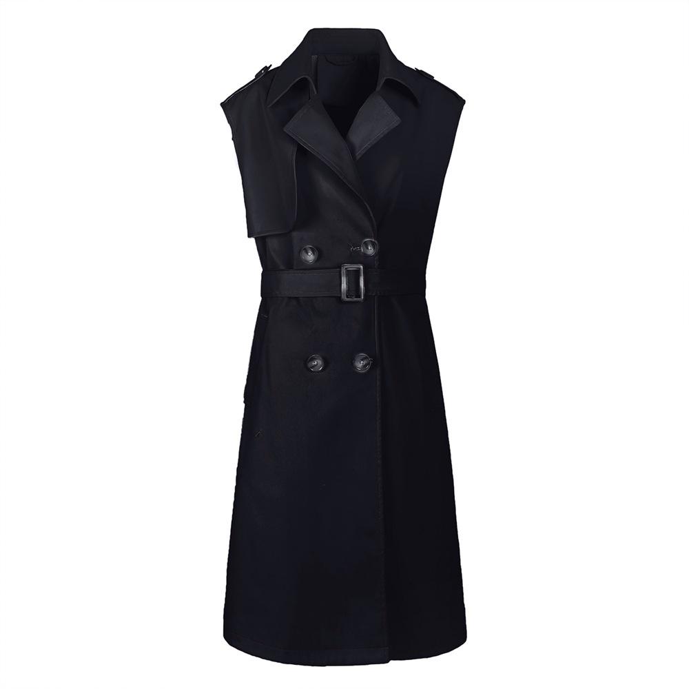 Women's Sleeveless Double-Breasted Trench Coat - Lapel, Belted, Polyester Outerwear, Casual Style
