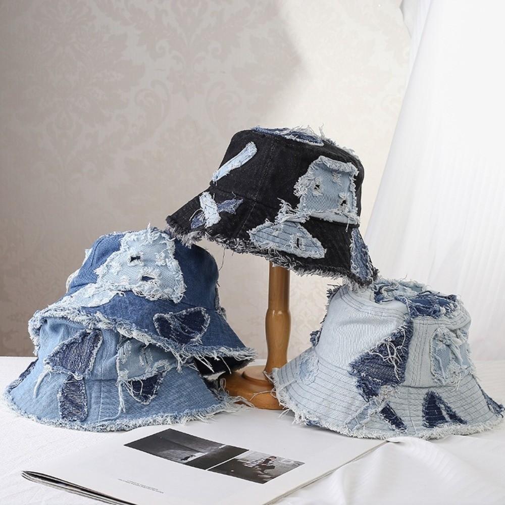 Beggar Style Retro Fisherman Hat Patched Sun Protection Basin Cap Fashion Denim Bucket Hat  Women