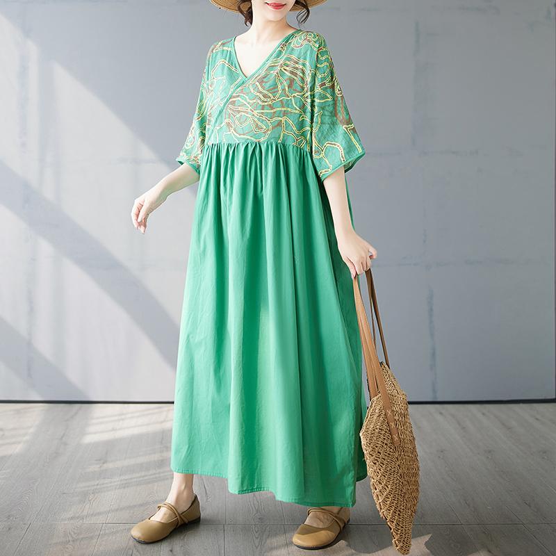 Dimanaf 2025 Verano Nuevo Vestido Talla Grande Básico Mujer Casual Suelto Largo Vintage Cuello en V Plisado Vestido Maxi