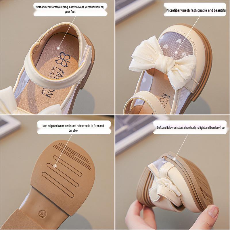 Girls' 2025 Spring/Summer Leather Bow Princess Shoes - Breathable Mesh Fashion Sneakers
