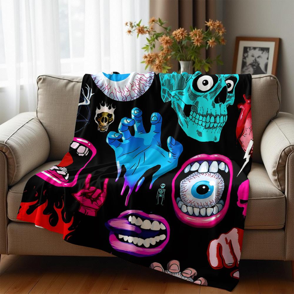 Horror Eye Mouth Cartoon Anime Print Flannel Blanket Soft Warm Throw for Kids Bedroom Sofa Christmas Office Car