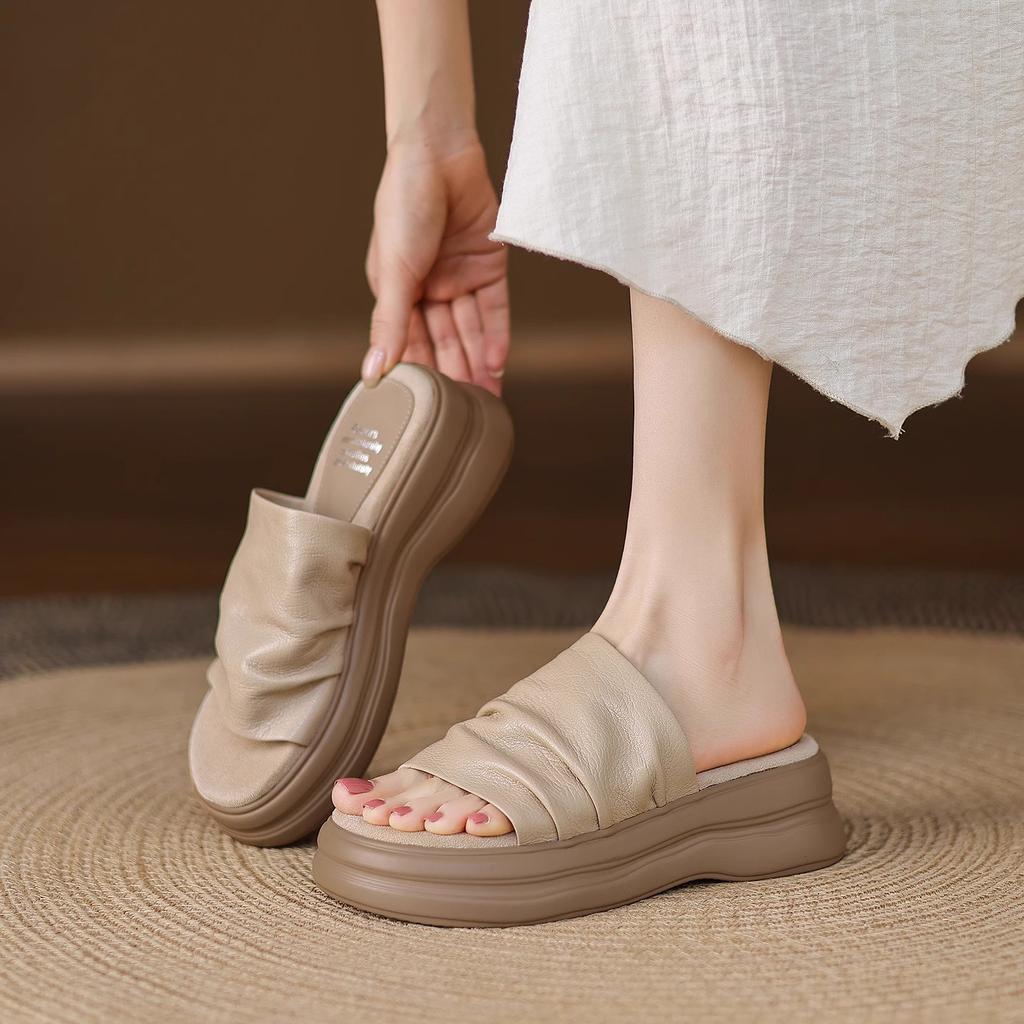Summer Oxygen~ Minimalist Thick Bottom Folded One-Flip Round Head Open-toed Slippers Women's Premium Sense Skirt Cool Slippers