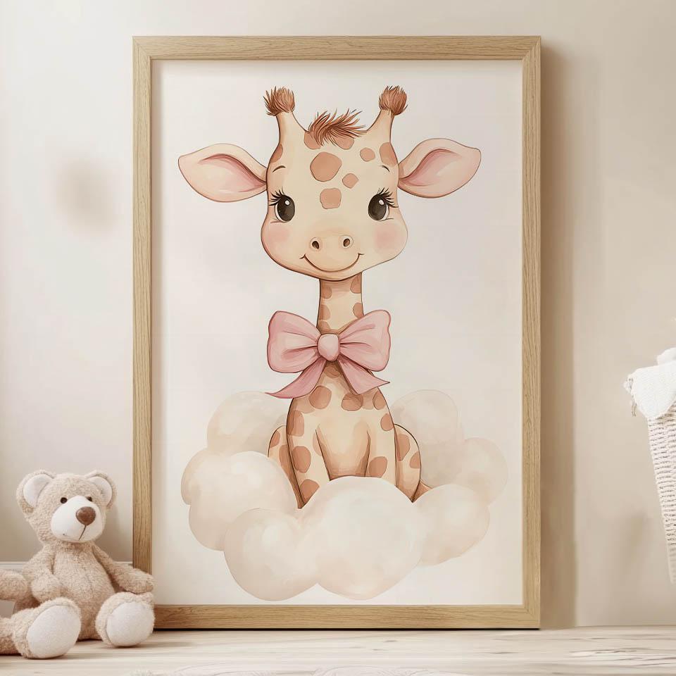 Plakat Mała Żyrafa Na Chmurce Plakat Mała Żyrafa Na Chmurce, 30X40 Cm, Rama Drewniana Jasny Dąb, Papier Matowy 230 Gsm