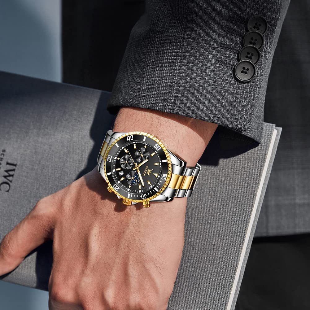 OLEVS Stylish Chronograph Popular Waterproof Quartz Luxury Wristwatch for Men Men's Watch, Brand, Movement, (Gold Black)
