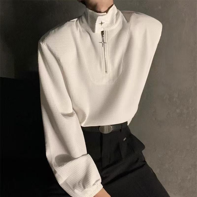 

Waffle Stand-Collar Half-Zip Metal Zipper Loose Pullover Sweatshirt for Spring L 100-120 lbs чорний