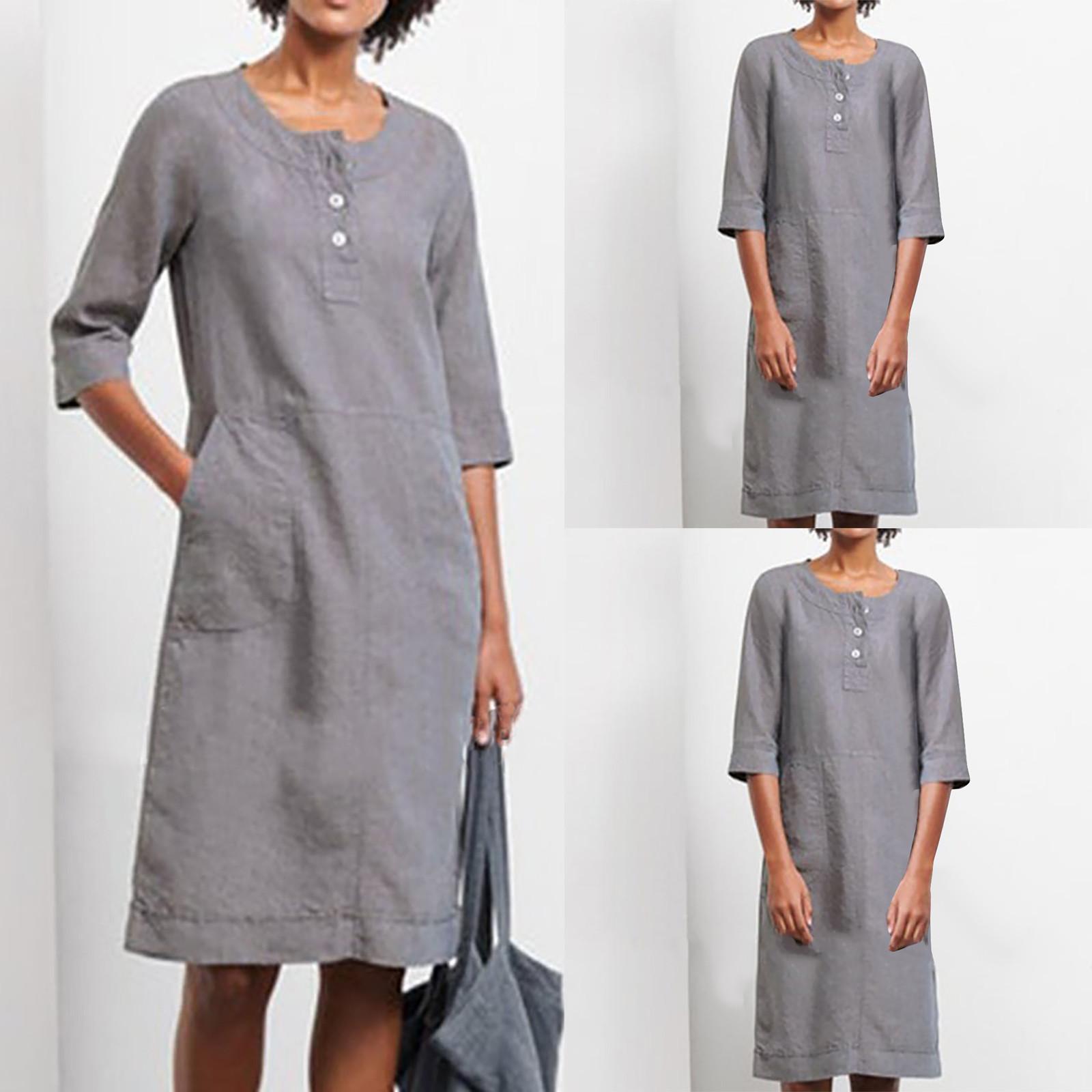 

Женское модное летнее свободное платье из хлопка и льна с круглым вырезом, однотонное платье