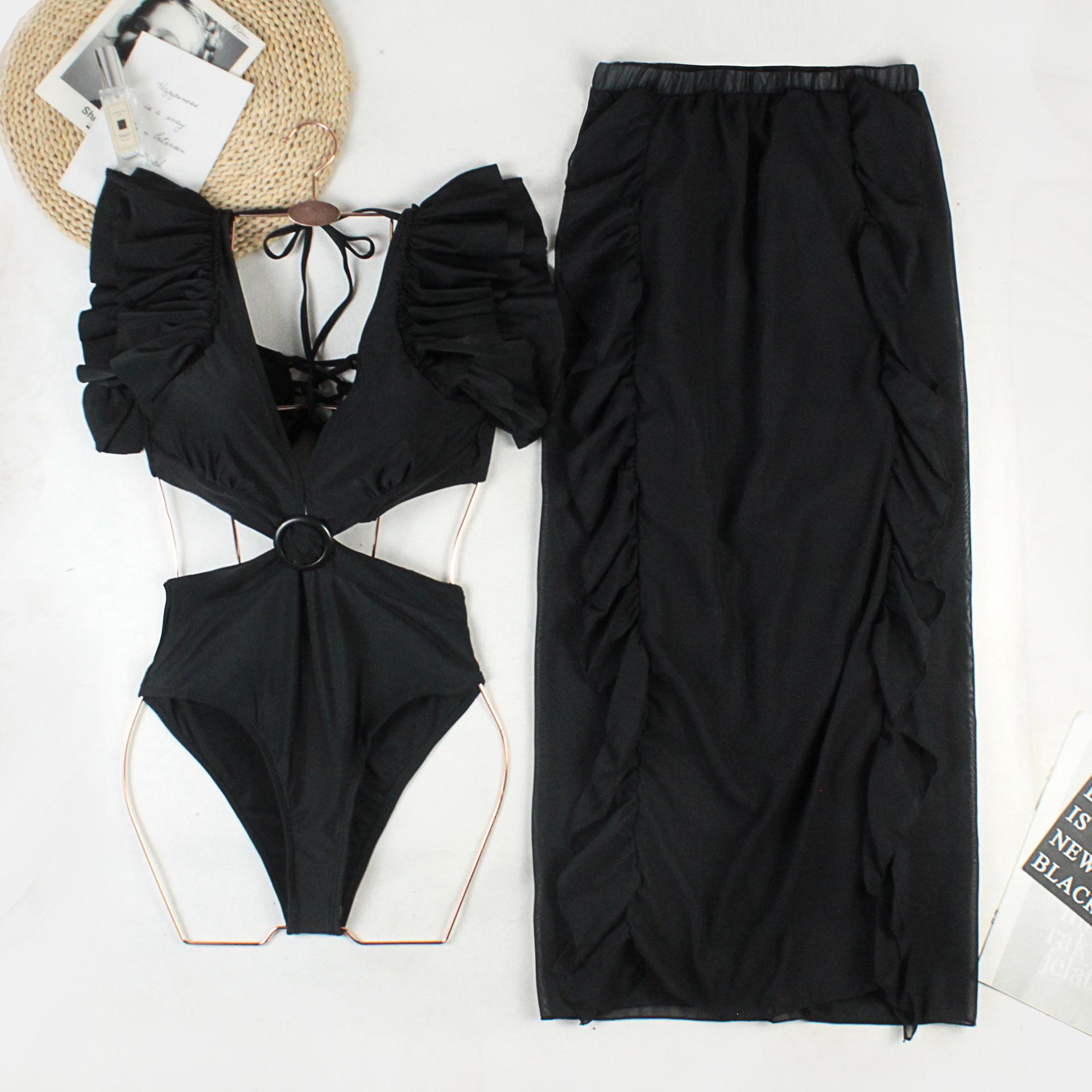 

Solid color one-piece swimsuit with ruffle edge V-neck waist hollow swimsuit design conservative swimsuit women XL чорний