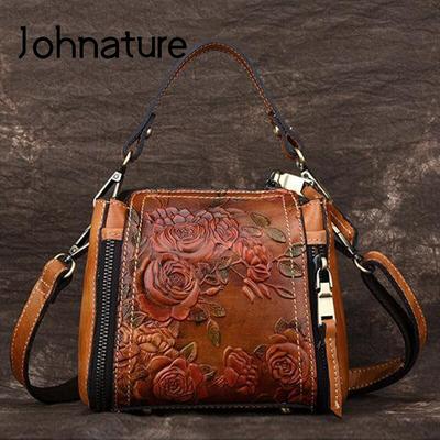 Vintage Genuine Leather Handbag Women Handmade Embossed Shoulder & Crossbody Bags Cowhide Bucket Totes