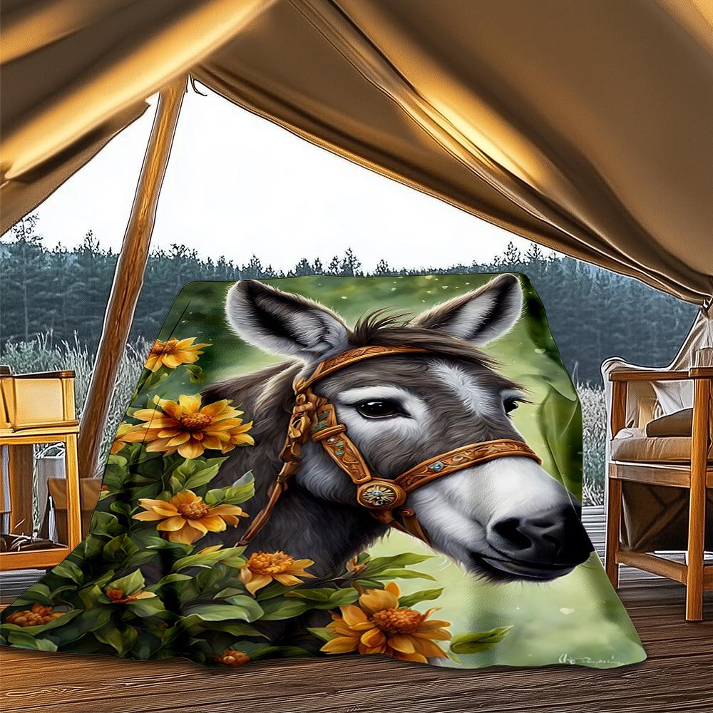 1pc Donkey Headgear Print Outdoor Blanket, Lightweight Polyester,