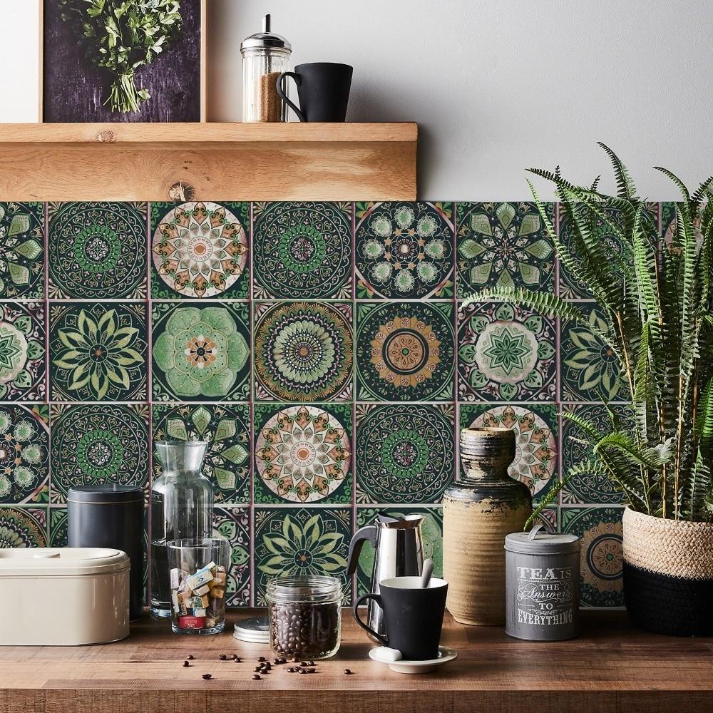 24pcs/set Self-Adhesive Kitchen Wallpaper Mandala Wall Decoration Sticker Bathroom Tile Stickers