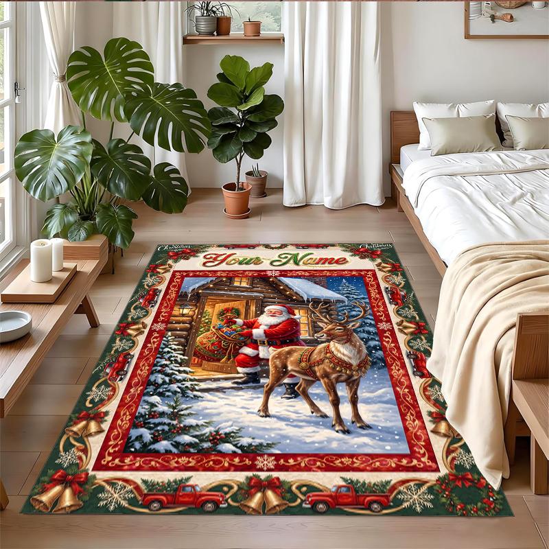 Christmas Custom Name Printed Square Area Rug Soft Non Slip Floor Carpet For Bedroom Holiday Gift
