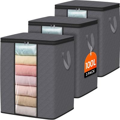 3 Pack 100L Clothes Storage, Foldable Thick Fabric Blanket Storage Bags, Containers for Organizing Bedroom, Closet, Clothing, Comforter