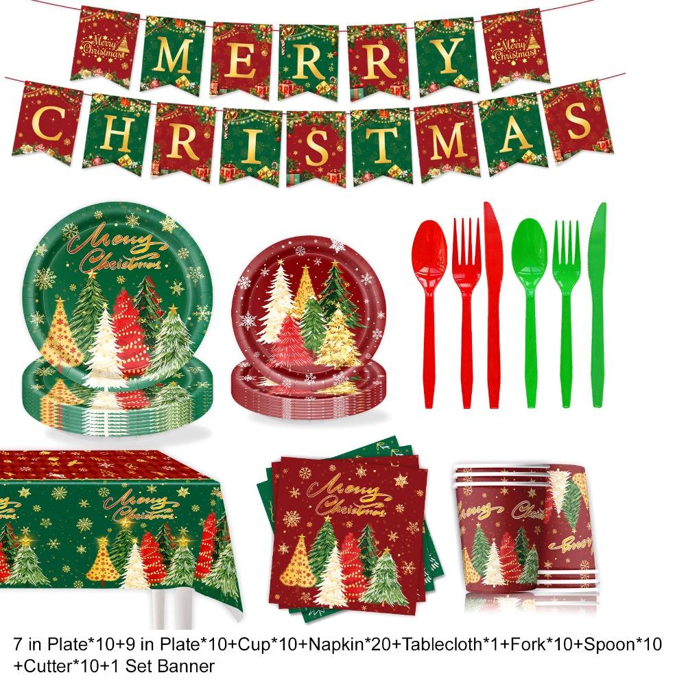 Christmas Tree Pattern Disposable Tableware Set Party Plate Cup Napkin Tablecloth  Family Dinner