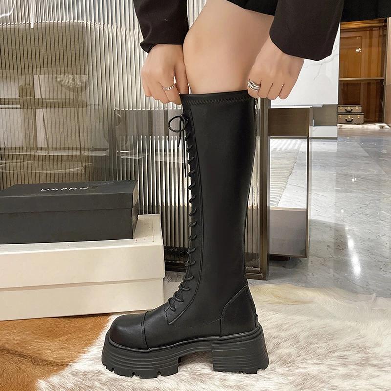Platform Lace-up Boots Women's Autumn and Winter New Elastic Shows Skinny and Heightens Little Man Knee-Free Long Knight Boots