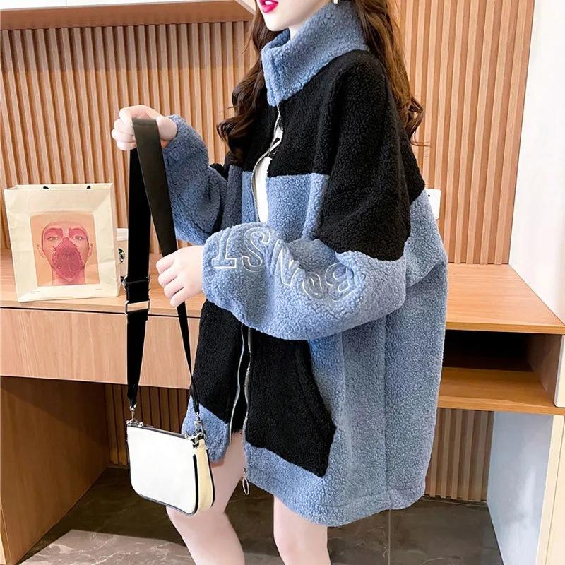 

Пальто из искусственного меха ягненка с воротником-стойкой, буквенной молнией, утолщенное, женское, осенне-зимнее, новое, в стиле интернет-знаменитости, свободное, ленивый стиль, топ 4XL синий