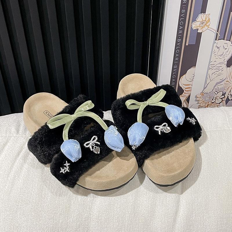 High-end Fluffy Slippers Women's Outer Wear 2025 New Autumn and Winter Home Warm Fashion One-word Cotton Slippers