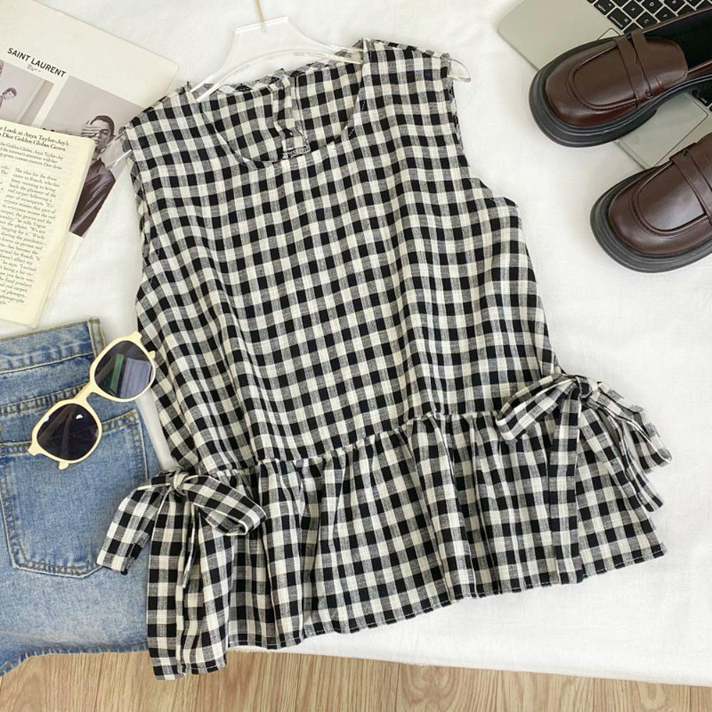 Retro Plaid Sleeveless Ruffle Vest with Bow Tie for Women