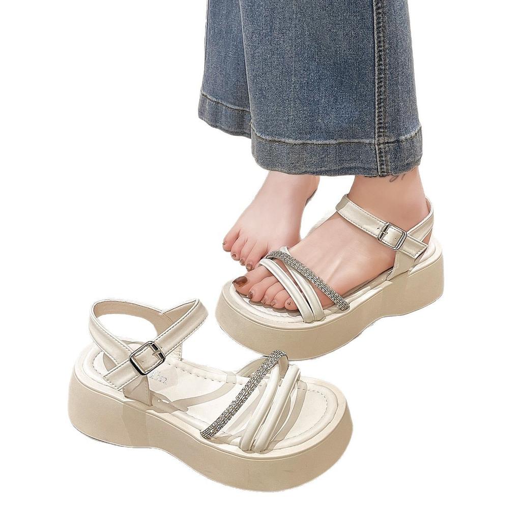 Platform-soled Muffin Fairy Rhinestone Cross-elastic Strap Sandals 2025 Summer Wear Versatile High-heeled Women's Shoes