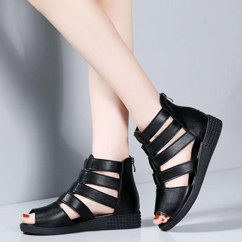Women's Big Size Leather Hollow Out Wedges Peep Toe Sandals Summer New Soft Sole Non Slip Breathable High Top Zippers Cool Boots