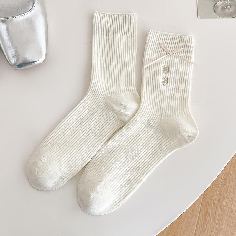 Bow Socks, Women's Mid-calf Socks, Spring and Summer Pile Socks, Embroidered Heart-shaped Trendy Cotton Socks, Long Pile Socks