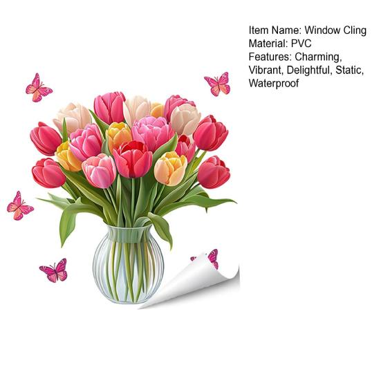 Spring Summer Flowers Window Clings Double Sided Tulip/Rose/Wildflowers in Vase Decals Anti-Collision Glass Door Stickers
