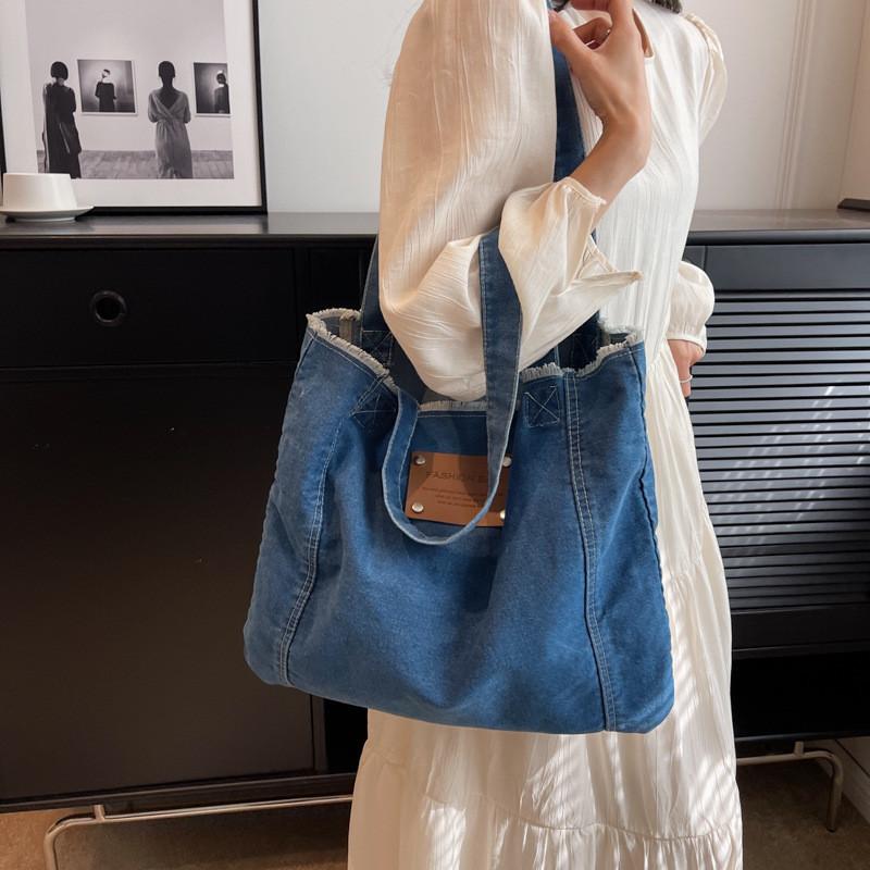 New Korean Style Denim Bag Women Harajuku Lazy Fashion Large Capacity Shoulder Bag Japanese Casual College Student Backpack Street Trend Deep Blue