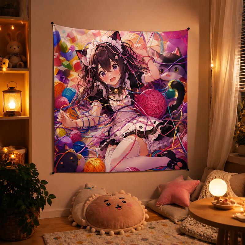 Cute Cat Maid Anime Wall Tapestry Sweet Pastel Style Teen Room Dorm Gaming Room Living Room Hanging Cloth Decor