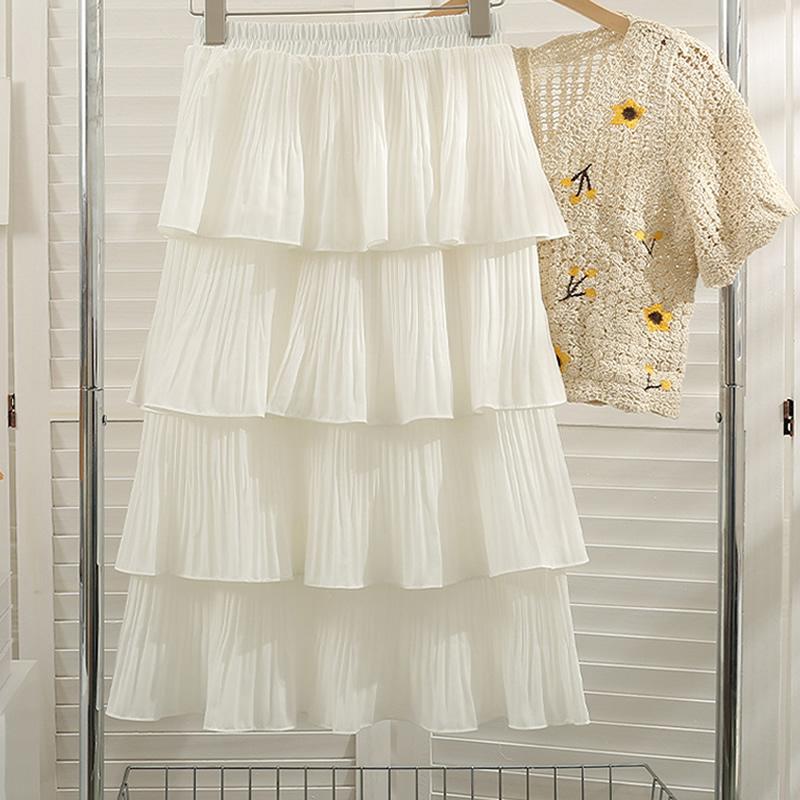 Qooth Wiosna Lato Moda damska Warstwowe spódnice z wysokim stanem Casual Solid Color Cake Spódnica QT1683